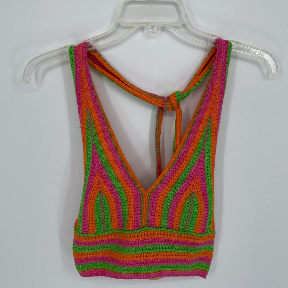 SHEIN Women's Multicolor Striped Crochet Halter Crop Top Size Small